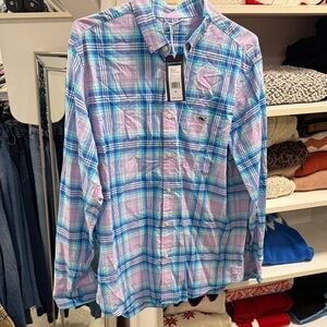 NWT. Vineyard Vines Blue & Pink Plaid Button-Down Shirt